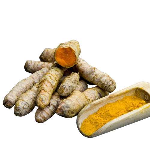 A rustic wooden bowl filled with turmeric root and ashwagandha.